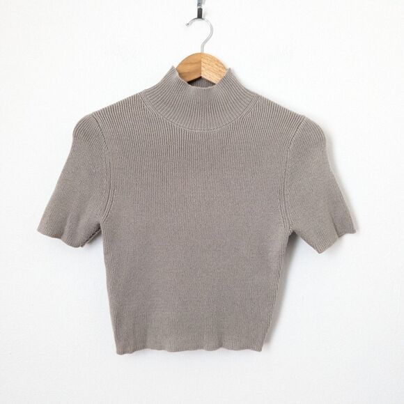 NWT Zara taupe mockneck soft stretch knit short sleeve fitted sweater crop top - Picture 2 of 6